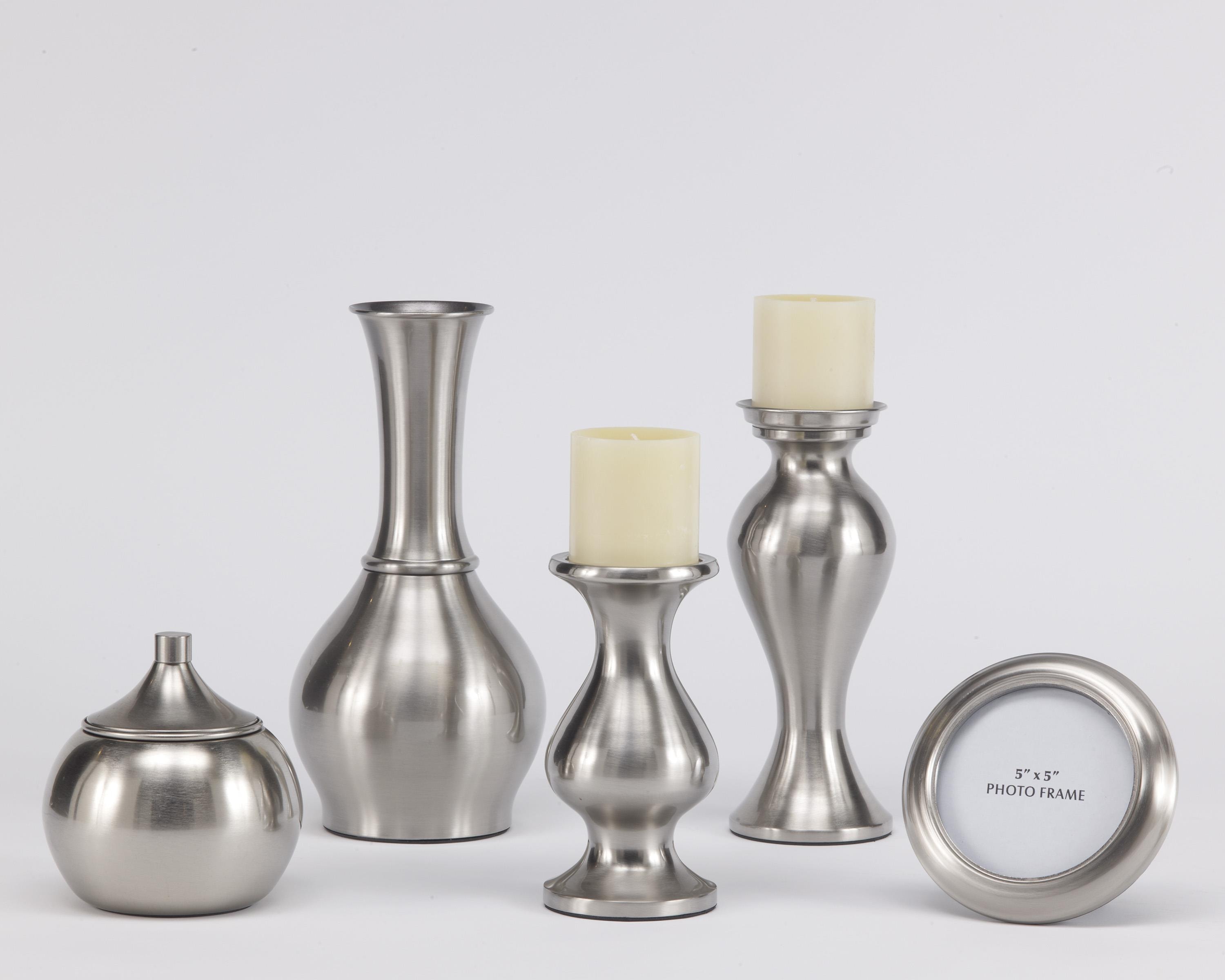 Jar Photo Frame & Candle Holders Silver Finish Signature Design by Ashley Rishona 5 Piece Décor Set with Vase 